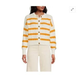 Land's End Drifter Relaxed Cable Cardigan Sweater‎ Women's Medium Yellow Striped